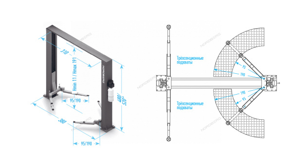 Подъемник двухстоечный 6 т HIGH, верхняя синхронизация, 380 В, серый n4122h1e-6g