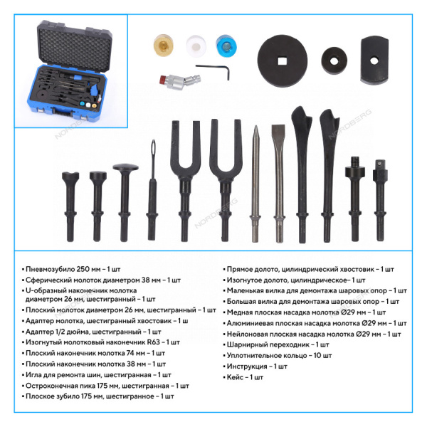 Пневмозубило 250 мм, с комплектом насадок и быстросъемным держателем в кейсе, 20 предметов np5070k1