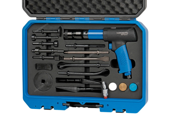 Пневмозубило усиленное 234 мм, с комплектом насадок и быстросъемным держателем в кейсе, 20 предметов np5041k