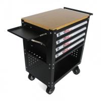 Тележка инструментальная 4-полочная(черная)с деревянной столешницей+2боковые перфорации и лоток,450х760х910(полки:65х400х530-4шт,360х440х675-секция) fk-1141374