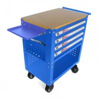Тележка инструментальная 4-полочная(синяя)с деревянной столешницей+2боковые перфорации и лоток,450х760х910(полки:65х400х530-4шт,360х440х675-секция) fk-1141374b