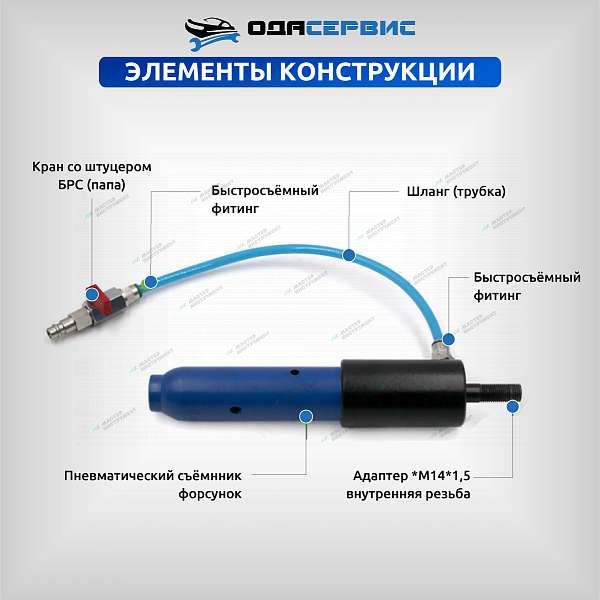 Съемник дизельных форсунок, пневматический с комплектом адаптеров ОДА Сервис ODA-3204B oda-3204b