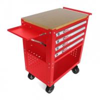 Тележка инструментальная 4-полочная(красная)с деревянной столешницей+2боковые перфорации и лоток,450х760х910(полки:65х400х530-4шт,360х440х675-секция) fk-1141374r