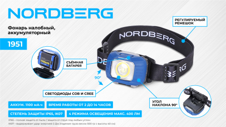 Фонарь светодиодный налобный, аккумуляторный 1951