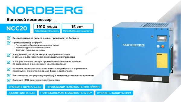 Компрессор винтовой, 15 кВт, 10 бар, 1910 л/мин, IP23, без ресивера ncc20