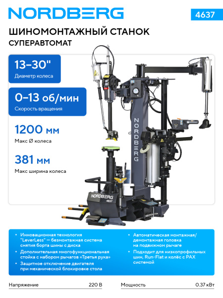Станок шиномонтажный суперавтомат, до 30inch (Дюйм) с автоматической монтажной головкой, серый 4637