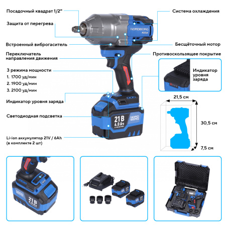 Гайковерт аккумуляторный, 1/2', 21 В, 1500 Нм, 2 аккумулятора 6 A и зарядное устройство, в кейсе ne806k-1/2