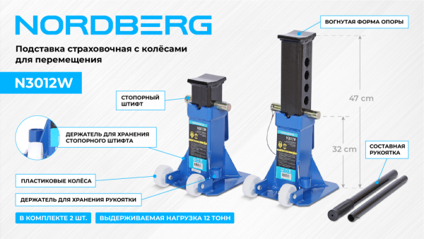 Подставка страховочная c колесами для перемещения, 12 т (комплект 2 шт.) n3012w