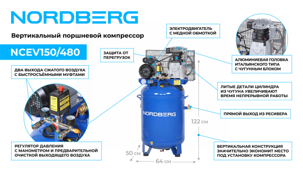 Компрессор вертикальный поршневой с ременной передачей 220 В, ресивер 150 л, 446 л/мин ncev150/480