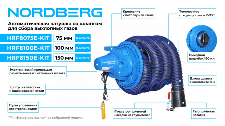 Катушка для сбора выхлопных газов с автоматическим приводом со шлангом L=8 м, D=150 мм и насадкой hrf8150e-kit