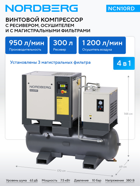 Компрессор винтовой, 7,5 кВт, 10 бар, 950 л/мин, ресивер 300л, осушитель ncn10rd