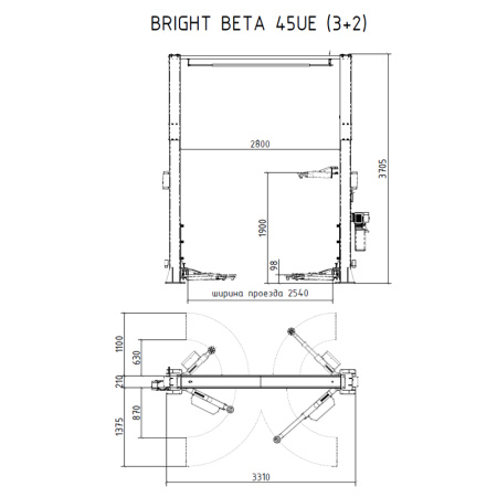 Подъемник двухстоечный электрогидравлический 4,5т RAL7016, BRIGHT, BETA 45UE (3+2) 208331