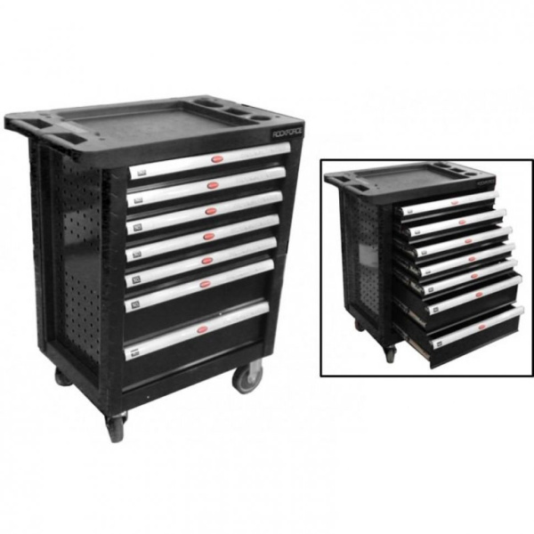 Тележка инструментальная 7-и полочная(черная) с пластиковой защитой корпуса+2боковые перфорации,460х770х980(полки:65х400х530-5шт,140х400х530мм-2шт) rf-1141117
