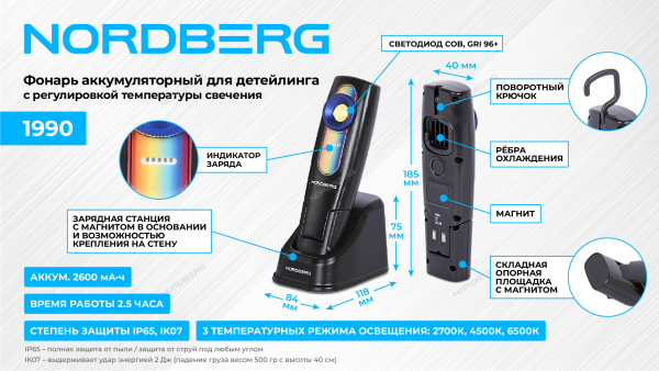 Фонарь светодиодный для детейлинга, с регулировкой температуры свечения, аккумуляторный 1990