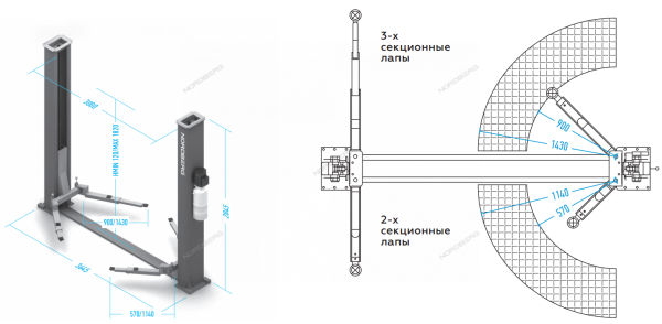 Подъемник двухстоечный электрогидравлический, 4,5 т n4123a-4,5t_380v