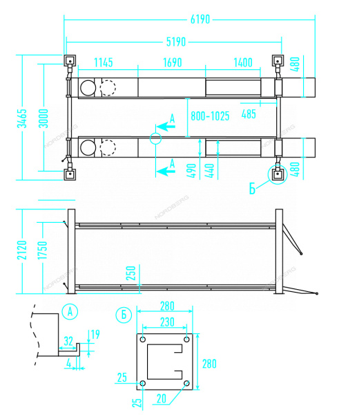 Подъемник четырехстоечный 5 т, без траверсы, для сход-развала, механическое снятие, серый 4450_mg
