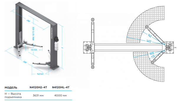 Подъемник двухстоечный с верхней синхронизацией, 4 т, 220 В n4120h2-4t_220v