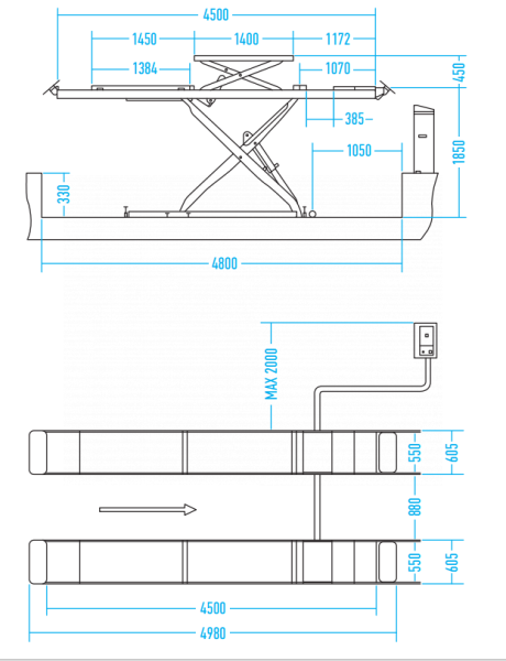 Подъемник ножничный для сход-развала 4 т, 2 уровня (без аварийного опускания) n635-4,0_380