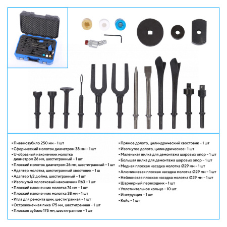 Пневмозубило 250 мм, с комплектом насадок и быстросъемным держателем в кейсе, 20 предметов np5070k1