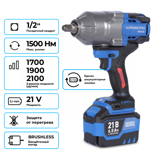 Гайковерт аккумуляторный, 1/2inch (Дюйм), 21 В, 1500 Нм, 2 аккумулятора 6 A и зарядное устройство, в кейсе ne806k-1/2