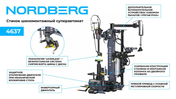 Станок шиномонтажный суперавтомат, до 30inch (Дюйм) с автоматической монтажной головкой, серый 4637