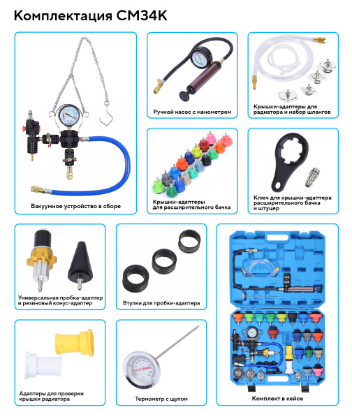 Набор для опрессовки и заправки системы охлаждения, 34 предмета cm34k