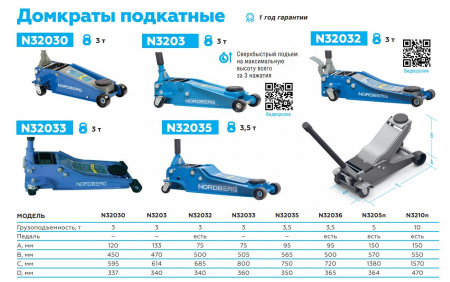 Домкрат подкатной 3 т с резиновой насадкой, быстрый подъем n32030
