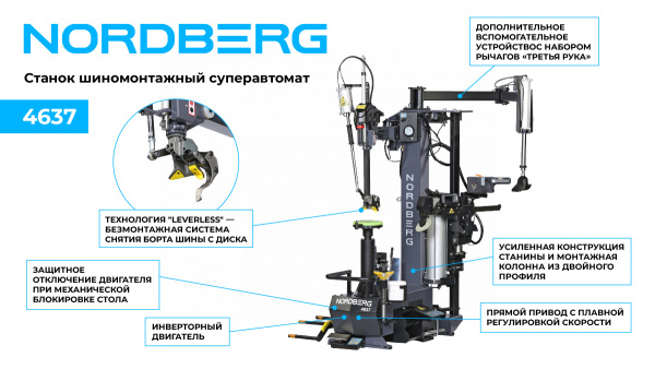 Станок шиномонтажный суперавтомат, до 30inch (Дюйм) с автоматической монтажной головкой, серый 4637