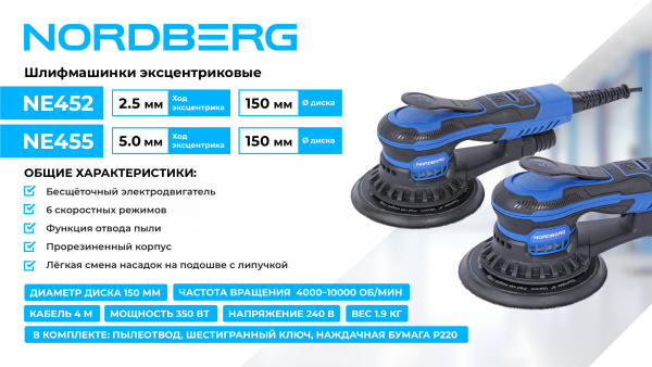 Шлифмашина эксцентриковая 2,5 мм, диск 150 мм, 4000-10000 об/мин, 350 Вт ne452