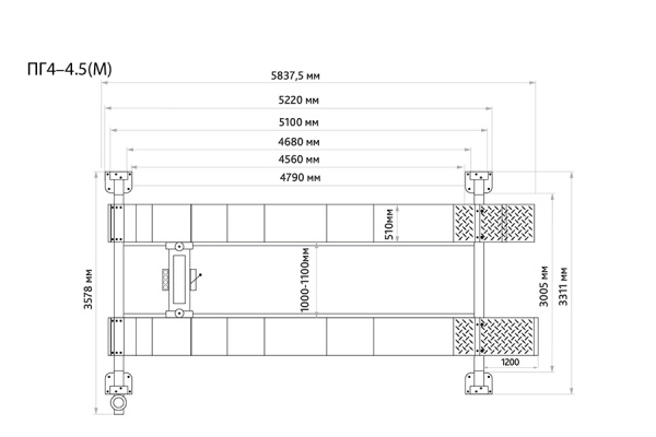 ПГ4-4.5 (М) Подъемник 4-стоечный для сход-развала 4.5 тонны с траверсой на 2 тонны 380В пг4-4.5 (м)