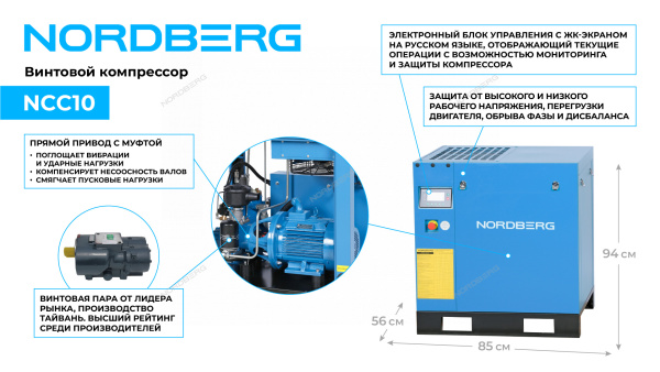 Компрессор винтовой, 7,5 кВт, 10 бар, 900 л/мин, IP55, без ресивера ncc10