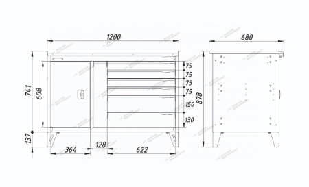 Верстак слесарный двухтумбовый, 7 серых ящиков nw217 7012/7015