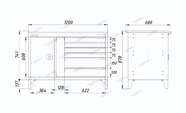 Верстак слесарный двухтумбовый, 7 серых ящиков nw217 7012/7015