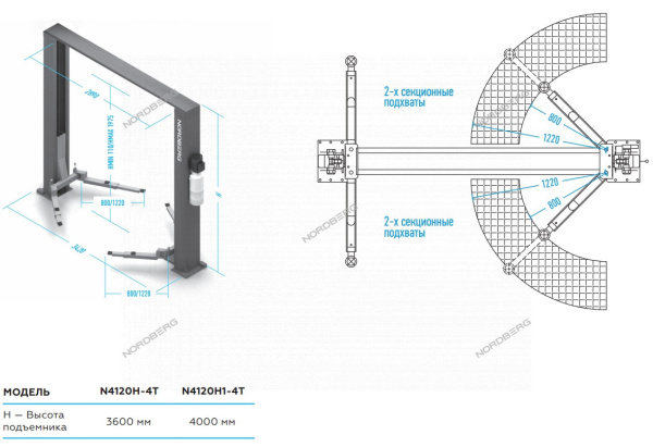 Подъемник двухстоечный 4 т, верхняя синхронизацией, 380 В, серый n4120h1-4g_380