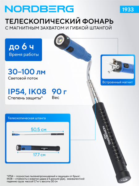 Фонарь светодиодный гибкий, аккумуляторный, с магнитным захватом 1933