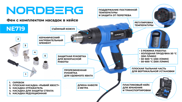 Фен, 4 насадки, в кейсе, 50-600 °С, 2000 Вт ne719
