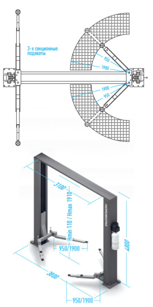 Подъемник двухстоечный 6 т, верхняя синхронизация, 380 В, серый n4122he-6g_380