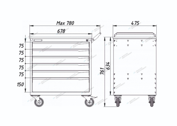Тележка инструментальная, 6 выдвижных серых ящиков nt226 7012/7015