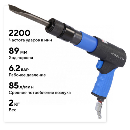 Пневмозубило 250 мм, с комплектом насадок и быстросъемным держателем в кейсе, 20 предметов np5070k1