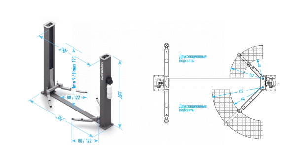 Подъемник двухстоечный 4 т, с электростопорами, 380 В, синий n4120be-4b_380