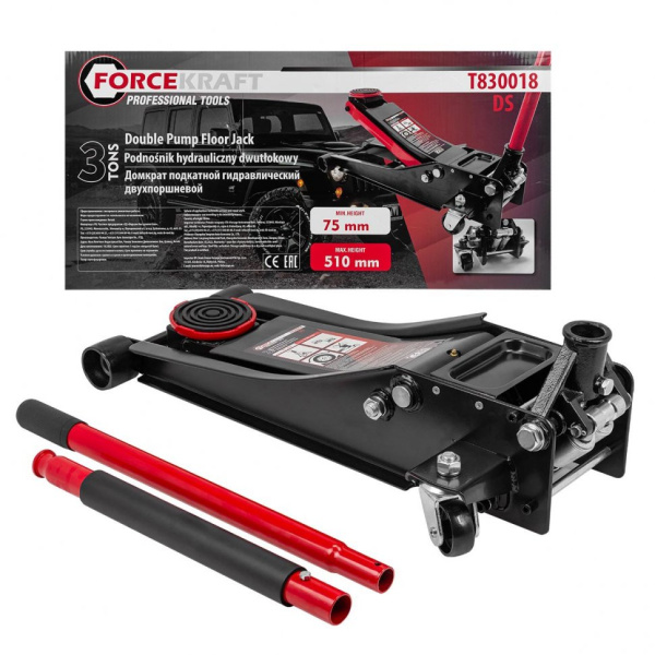 Домкрат подкатной гидравлический двухпоршневой 3т низкопрофильный с прорезиненной накладкой на рукоятке (h min 75мм, h max 510мм) fk-t830018 ds